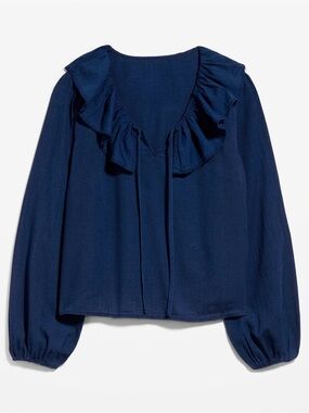 Old Navy Navy Ruffle Tie-Front Long Sleeve Top